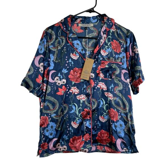 Their Nibs Pajama Top Womens Size Small Blue Multi Snakes Floral Satin NWT - Picture 1 of 10